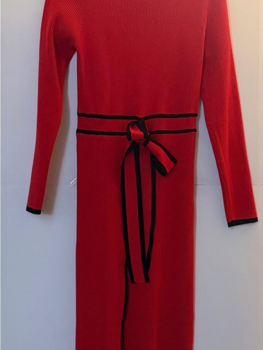 STYLEWE Red Long Sleeve Knit Dress with Black Trim and Waist Tie Belt